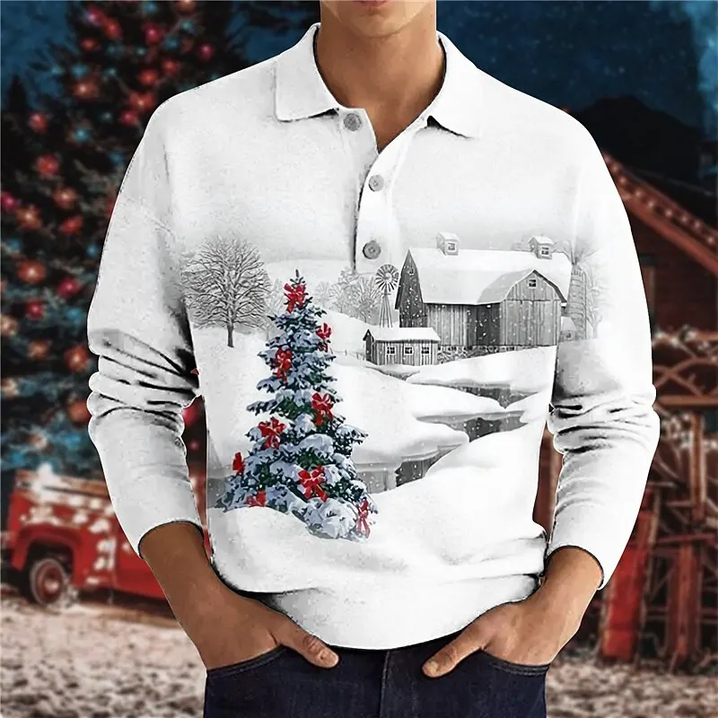 

3D Printed Christmas Tree Graphic Polo Shirts For Men Snowfield Pattern Long Sleeve Lapel Button Pullover Fashion Casual Clothes