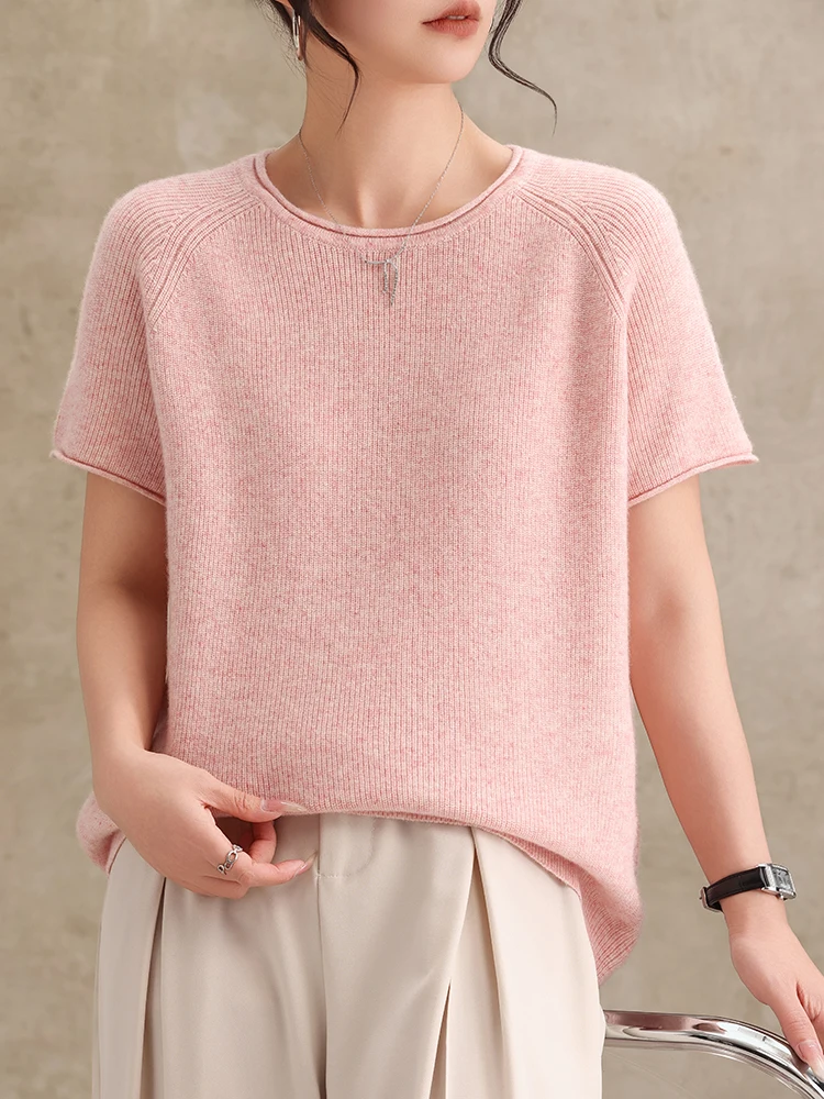 

Spring Autumn 100% Pure Wool Pullover Sweater Women's O-neck Loose Soild Cashmere Knit Basic Half Sleeve Tops Versatile Soft