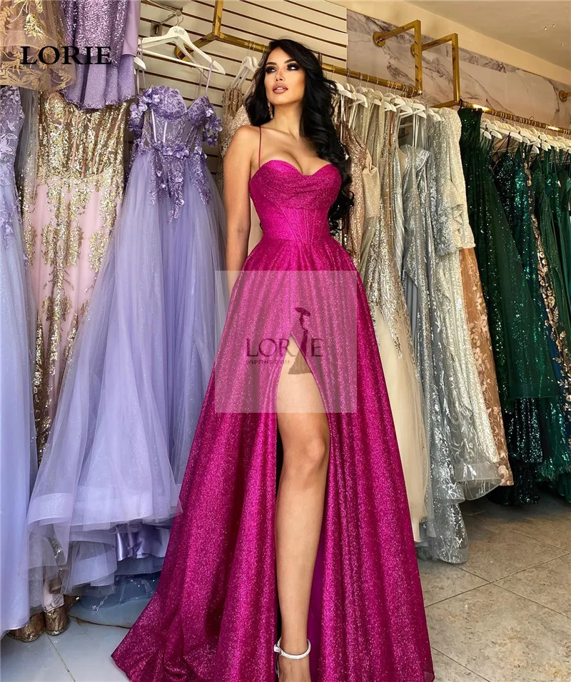 LORIE สีชมพูร้อนสปาเก็ตตี้ Mermaid Evening Dresses SHINY Glitter ด้านข้างแยกที่กําหนดเองพรหม Gowns Corset Evening Party Dress