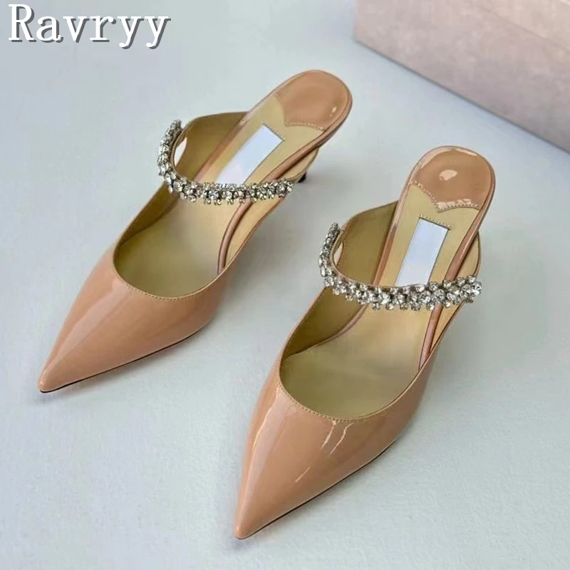 Luxury Pointed Toe Crystal Embellished Slippers Women Flat Bottomed Shallow Patent Leather Muller Summer New High Heel Sandals