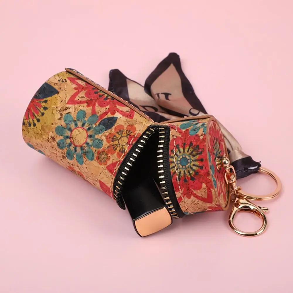 Retro PU Mini Lipstick Bag Cylindrical Cartoon Printed Bucket Bag Wood Grain Key Coin Purse Bag Accessories