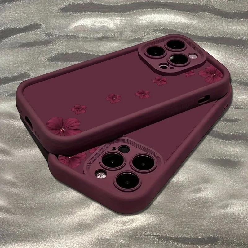 Wine Red Floral Pattern TPU Matte Phone Case For iPhone 17 Pro Max Cases iPhone 16E 16 15 14 13 12 11 Pro 7 8 Plus XS X XR Cover