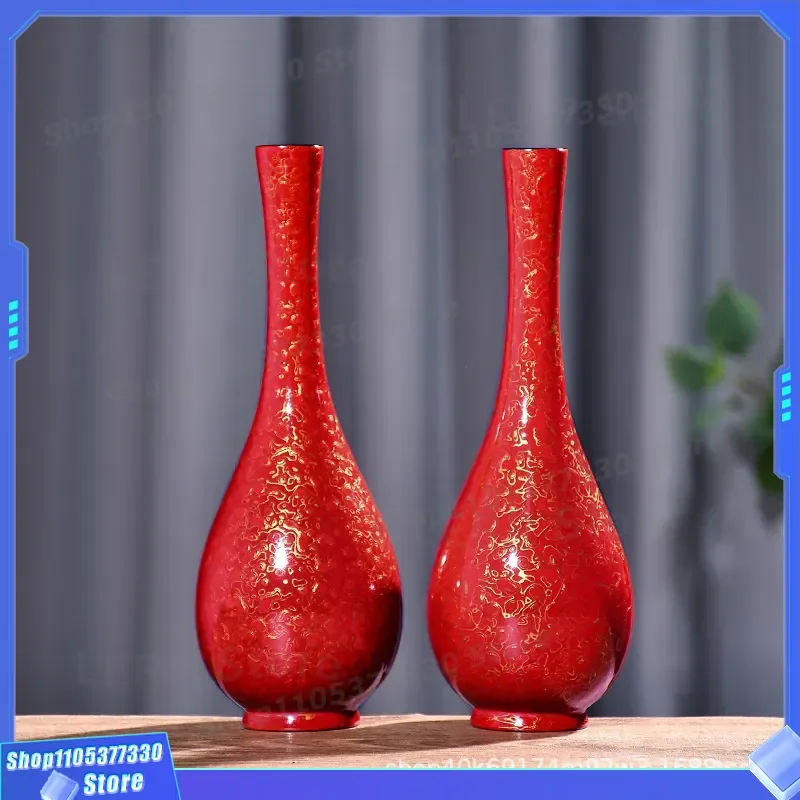 Luxury Gold Painted Lacquer Vase with Rhino Leather Base Solid Wood Craft for Living Room Home Decor Intangible Cultural