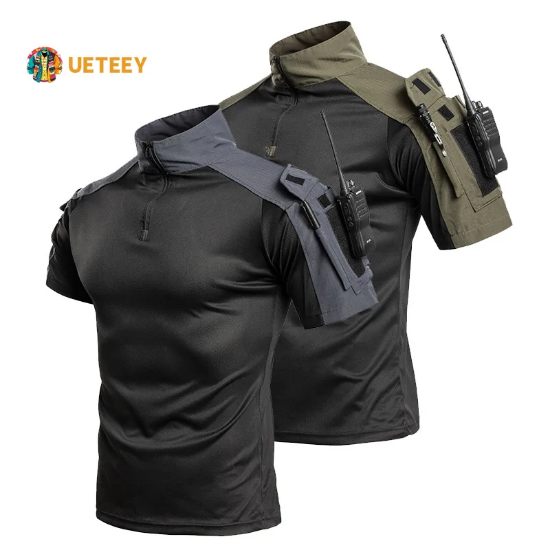 Mens Tactical Combat Shirt Short Sleeve 1/4 Zip Quick Dry Breathable Camo Airsoft Paintball Training Outdoor Hunting Hiking