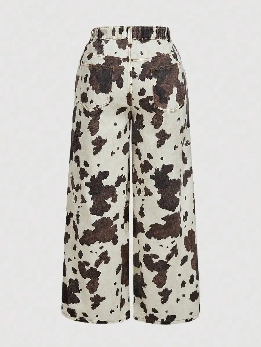 

Cow Print Wide Leg Loose Fit Denim Trousers For Women Casual Street Style Fall Western Inspired Baggy Pants
