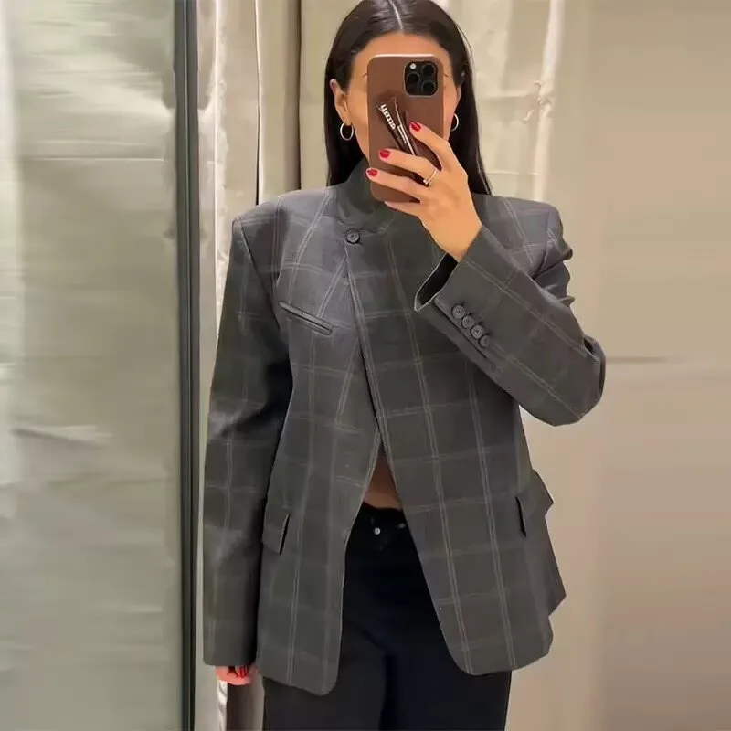 

Женский укороченный пиджак с воротником-стойкой и длинными рукавами, свободного кроя, с разрезами, весна 2026, для повседневной носки, модный, с асимметричным клетчатым принтом