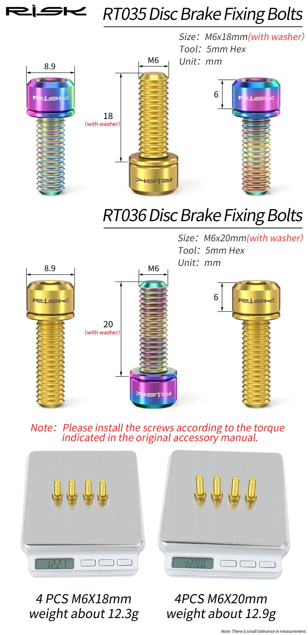 4 Stück/Set RISK M6x18mm M6x20mm Fahrrad-Scheibenbremsen-Schrauben Titan Fahrradkurbel Bremssattel Lenker Vorbau Befestigungsschrauben mit Unterlegscheibe – Detail 2