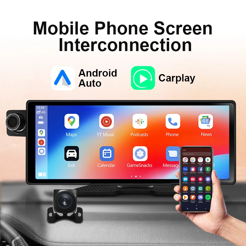 10.25 inch WIFI Android Carplay, Google GPS Navigator Multi-Media Player Universal Car, Wireless Front and Rear Dual Dash Cam