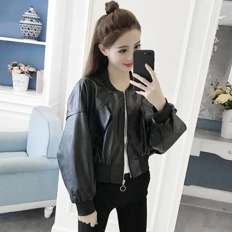 

PU Leather Jackets Women Cropped Coats Zip Up Clothes American Streetwear Teens Personal Stylish Chaqueta Black Spring Temper