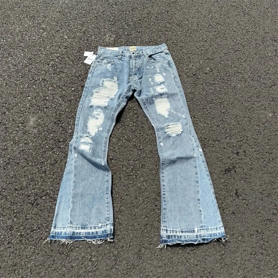

Gallery Dept Splash Ink Destruction Patch Splicing Ripped Street Hip Hop Micro-Flared Jeans