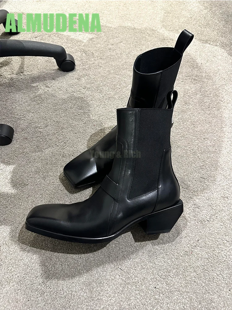 أحذية بمقدمة مربعة، كعب متوسط للدراجات النارية، أحذية عصرية للرجال والنساء بتصميم بسيط من الجلد وأكمام قصيرة #2