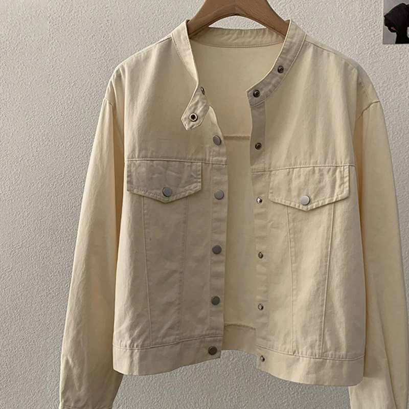 

Korean Style Washed Cotton Jacket for Women Autumn Fashion Stand Collar Single Breasted Versatile Short Coat Female Outwear