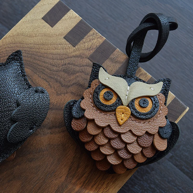 Genuine Leather Handmade Owl Bag Charm Pendant,Sheepskin Keyring Hanging Ornament,Backpack Handbag Schoolbag Purse Decoration