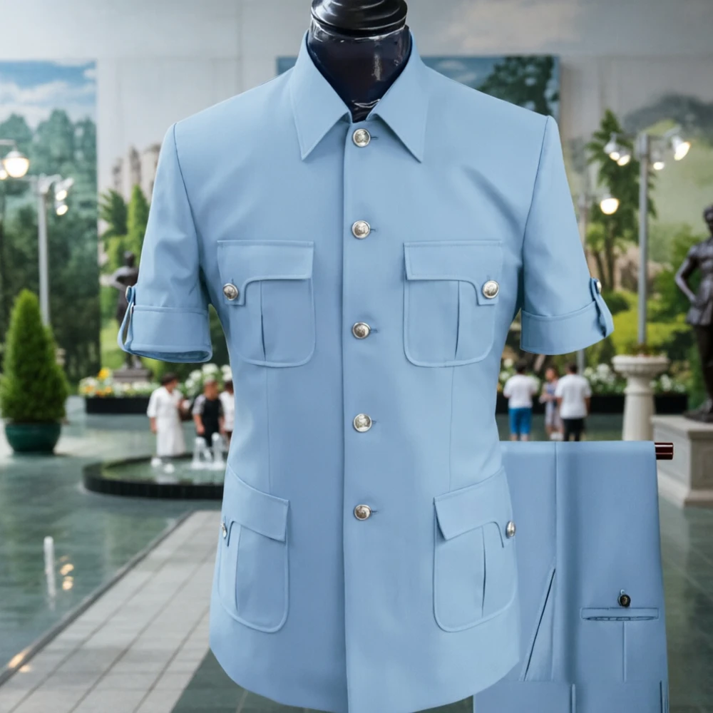 2 Pieces Safari Men Suits Light Blue with Short Sleeve Decorative Buttons Multi Pocket Slim Fit Smart Casual Blazer with Pants