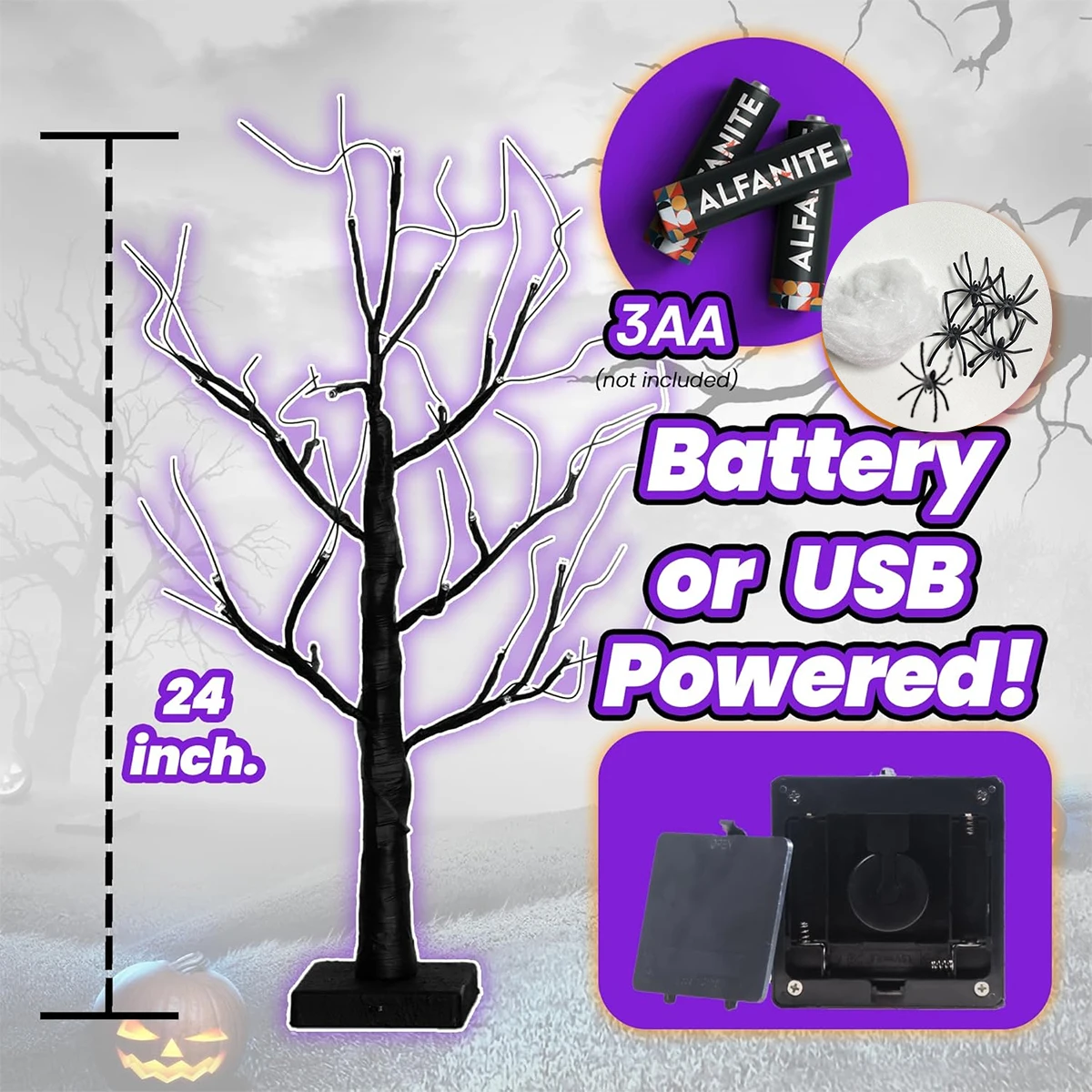 1 قطعة 24 LED الاصطناعي الأسود شجرة البتولا ضوء الجدول مصباح مع 1 جرام تمتد نسيج العنكبوت و 5 العنكبوت الصغيرة للمنزل باتري هالوين ديكور #4