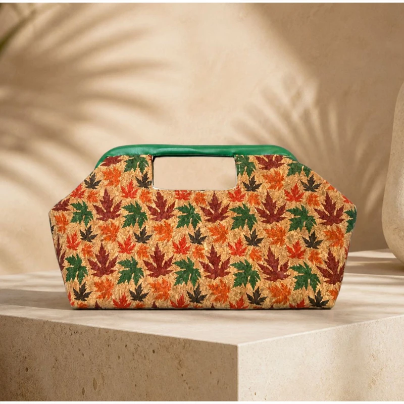 Handtasche mit Obergriff, Clutch aus gewebtem Stroh, Hobo-Tasche in Ahornblatt-Farbblock-Design, Damen-Sommermode-Abendtasche mit Farbkontrast – Detail 16