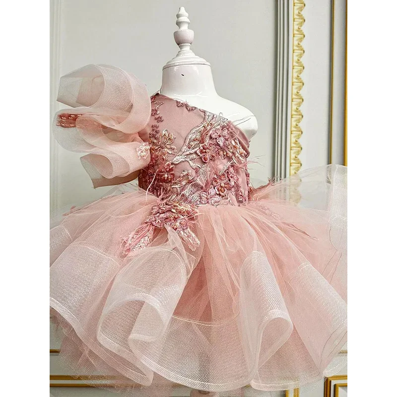 Child birthday party dress one shoulder embroidery feather Princess Tutu beading girl wedding flower girl dress baby first gown