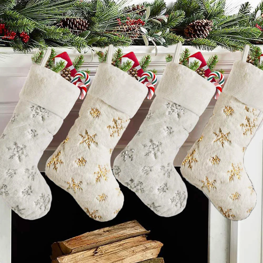 

Christmas Stocking Faux Fur Gold Silver Sequin Snowflake Stocking Fireplace Hanging Gift Bags For Xmas Family Party Decoration