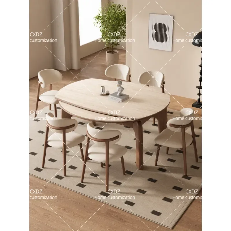Black Walnut Dining Table with Elephant Leg Design Medium Antique Style Retractable Solid Wood Table with Travertine Rock