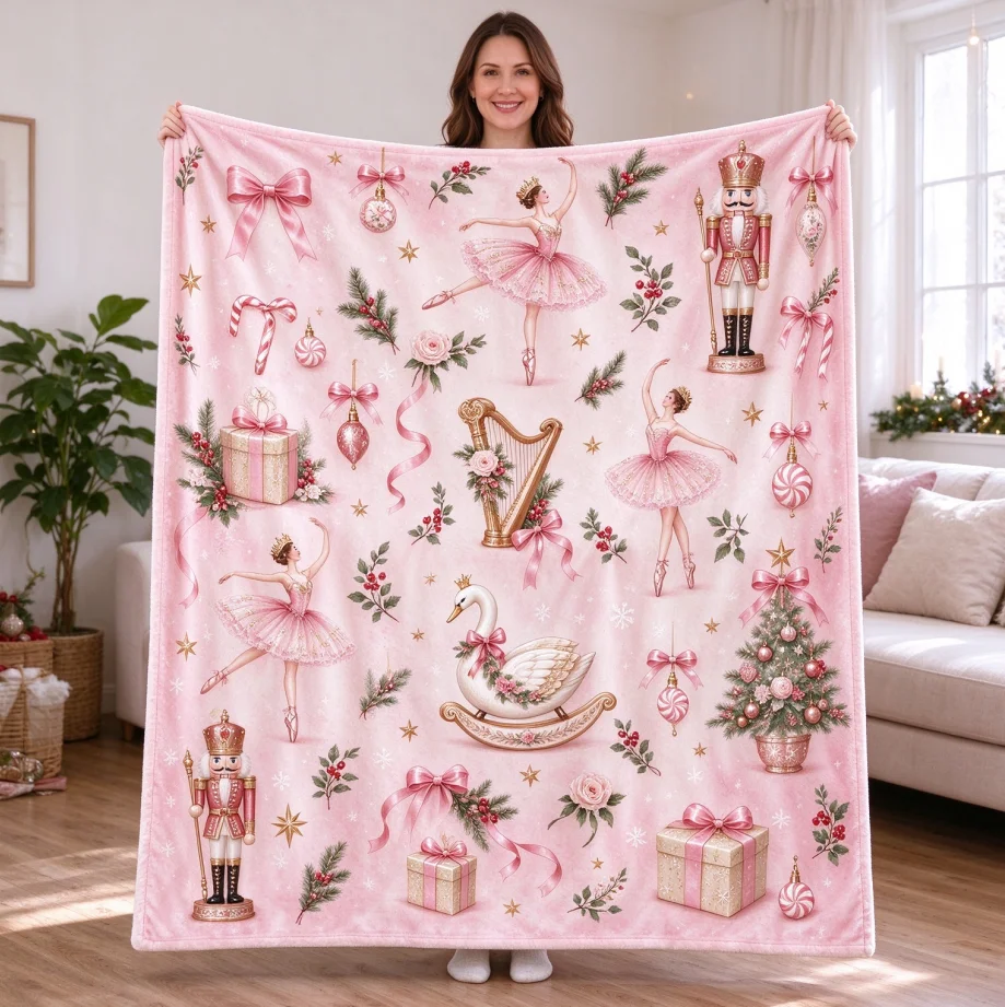 Nutcracker Ballet Flannel Throw Blanket, Ballerina Snow Globe & Swan Print, Soft Pink Blanket with Sage Green Bows, Elegant Christmas Home Decor, Holiday Gift for Dancer, Cozy Warm Couch Throw