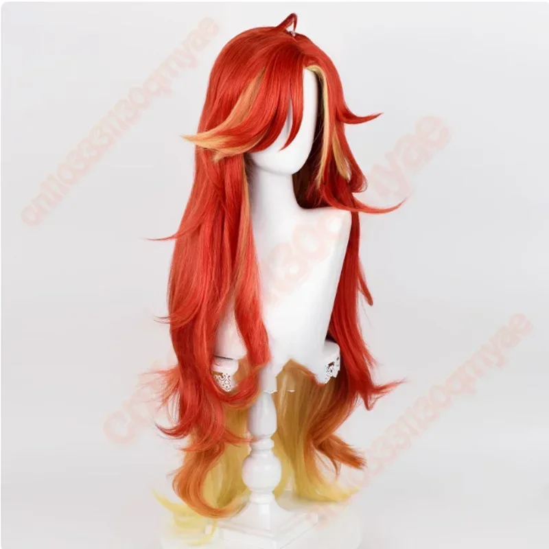 Pyro Archon Mavuika Cosplay Pruik 100 cm Lang Krullend Golf Rood Geel Gemengde Pruik Cosplay Anime Hittebestendige Synthetisch Haar