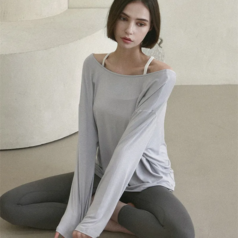 Morandi color System Long Sleeve Sports T-shirts Women Gym Yoga Fitness Loose Slimming Top Backless Cross Fashion Shirts