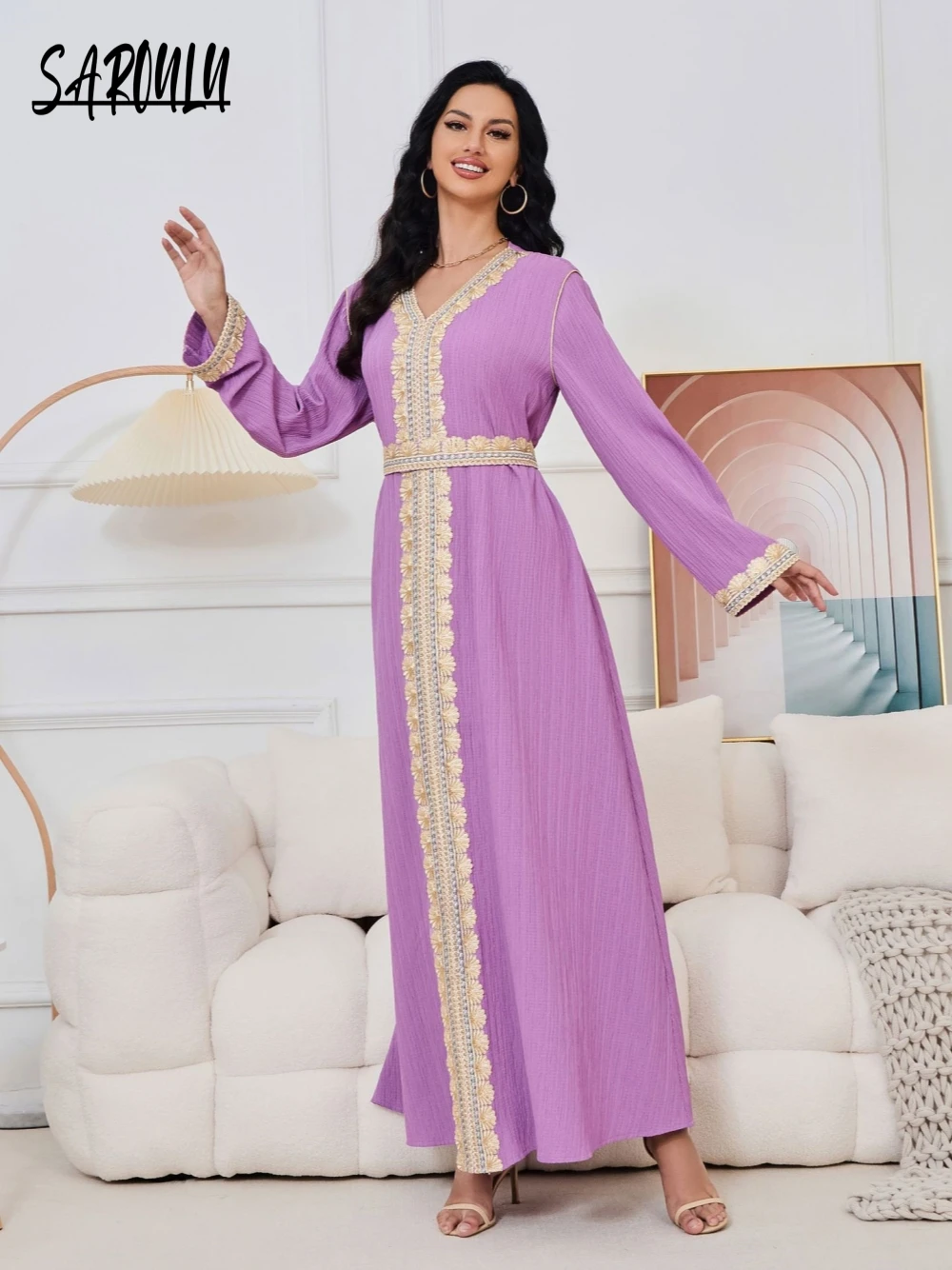 Violet Elegant Simple V Neck Evening Dress Women Muslim A Line Prom Gown Casual Customized Fashion Dubai Arabic Long Sleeves