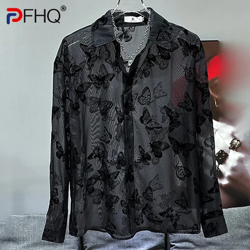 

PFHQ Men's Print Perspective Long Sleeved Shirts Summer Thin Sexy Male Light Luxury Lapel Creativity Sun Protective Tops 21Z4518