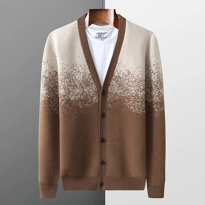 Autumn and winter new 100% pure wool cardigan men's V-neck gradient color matching thick loose coat knitted cashmere sweater