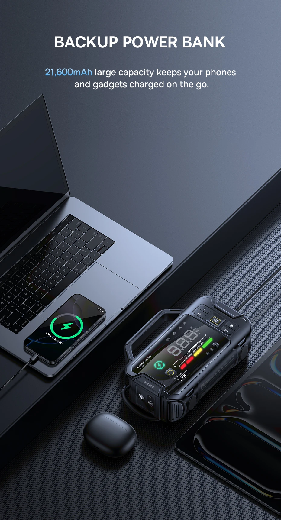 Baseus VJ1 3000A Starthilfe 4-in-1 150PSI Luftkompressor Powerbank 21600mAh Auto-Batterie Notfall-Booster Tragbares Startgerät – Detail 5