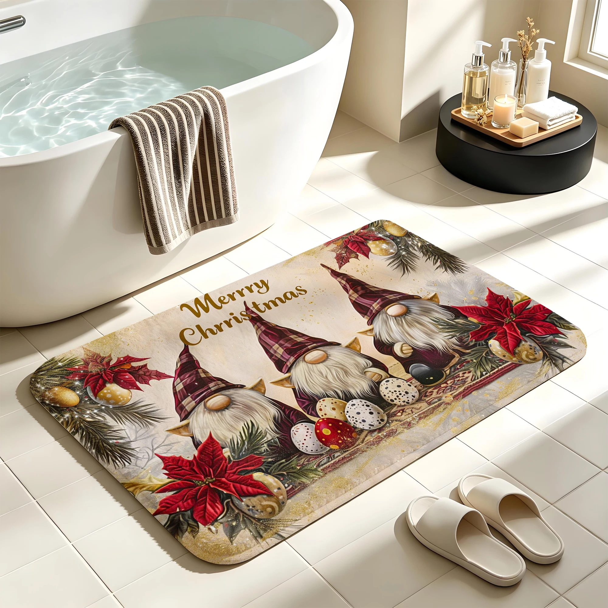 Vintage Plaid Gnome Poinsettia Egg Print Plush Absorbent Sponge Mat,Bathroom Non‑Slip Mat & Decorative Door Mat