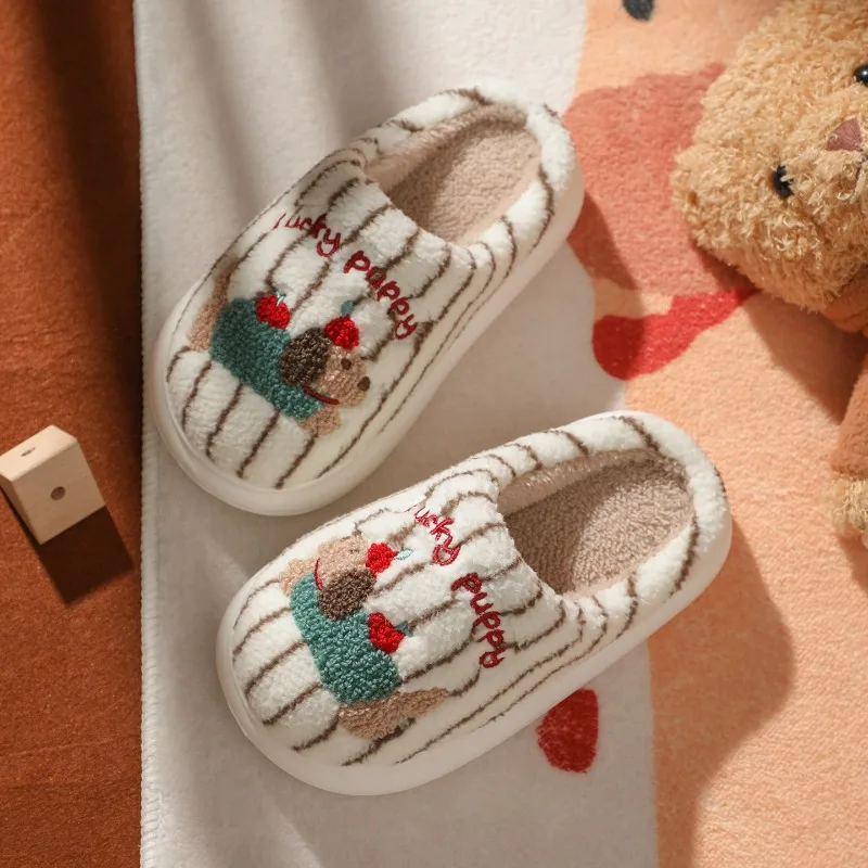 Cute Dog Home Slippers Comfortable Warm Non-slip Fleece Cotton Slippers Girls Indoor Winter Shoes