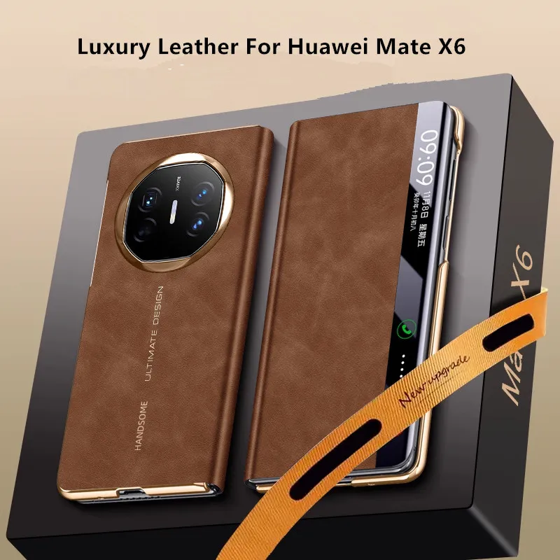 Luxury Leather Phone Case For Huawei Mate X6 Smart Window Flip-Free Answer Case Camera Protection Cover