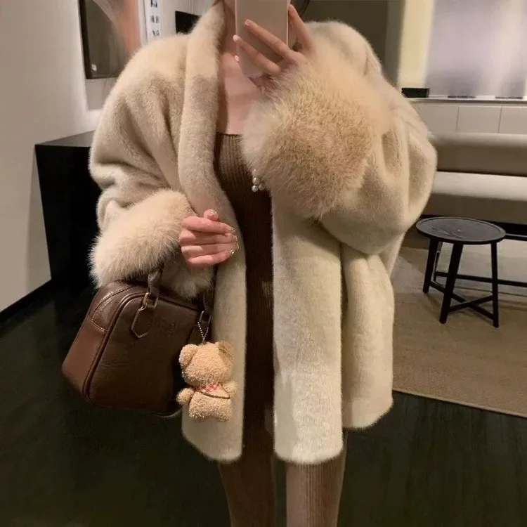 2026 Imported Velvet Mink Fur Coat With Mink Fur Collar,Temperament Medium Length Fur Jacket Women