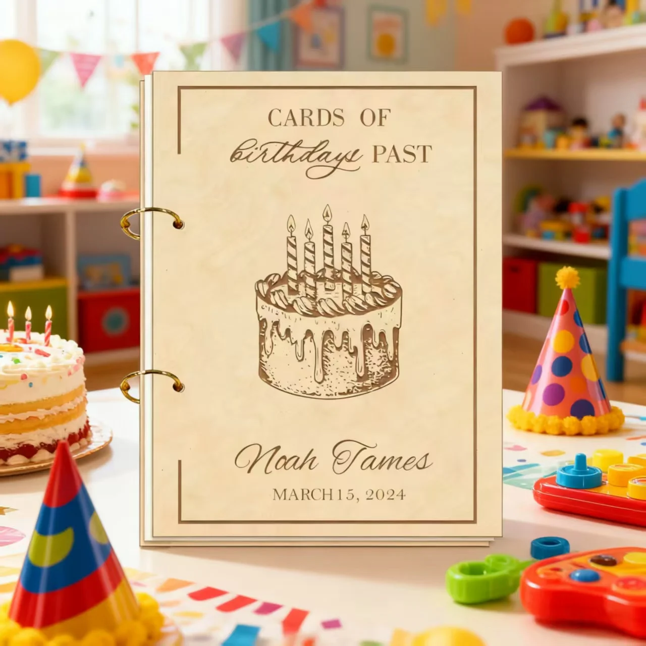 

Personalized Birthday Card Holder Album - 1st 2nd Year Wooden Keepsake, 15x20cm, Custom Name/Date, Memory Book Gift