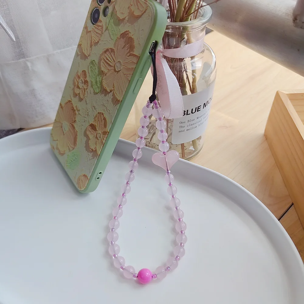 HERLOOK Rose Quartz Beads Phone Charm Pink Heart Phone Strap Chain Y2K accessori Summer Jewelry Lanyard