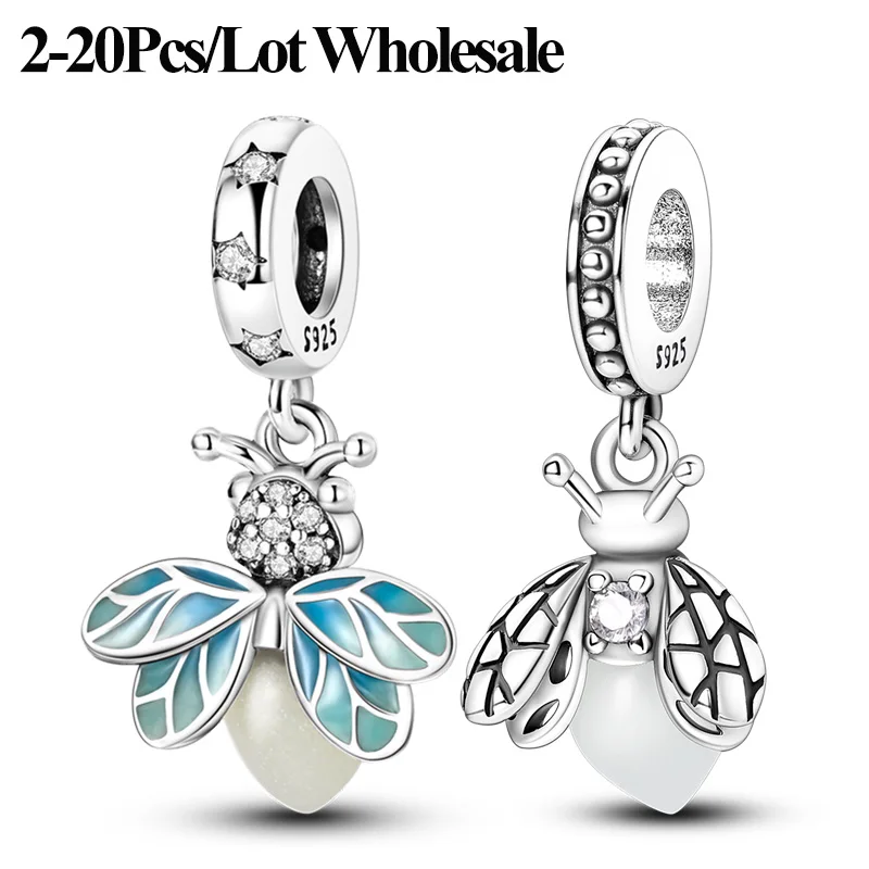 2‑20Pcs/Lot Wholesale 925 Sterling Silver Luminous Summer Firefly Charms Pendants Beads Fit DIY Bracelets Bulk Jewelry Gift