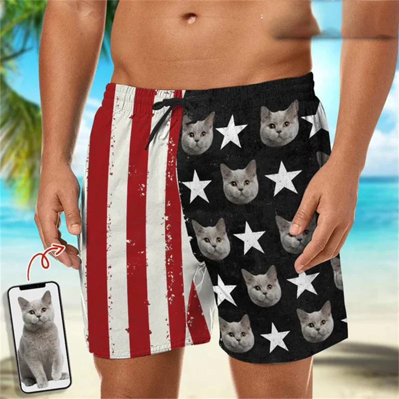 Harajuku 3D America Flag Printed Beach Shorts For Men Funny Custom Face Graphic Swimming Trunks Women Fashion Board Shorts Pants