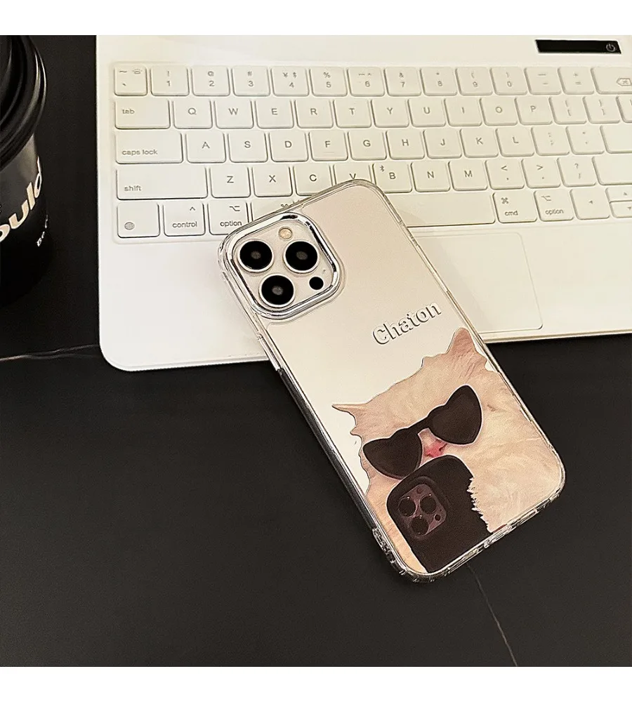 White Cat Chaton Letter Phone Case For iPhone 12 13 14 15 16 17 Silver Reflective Mirror Cute Cartoon Shockproof Cover