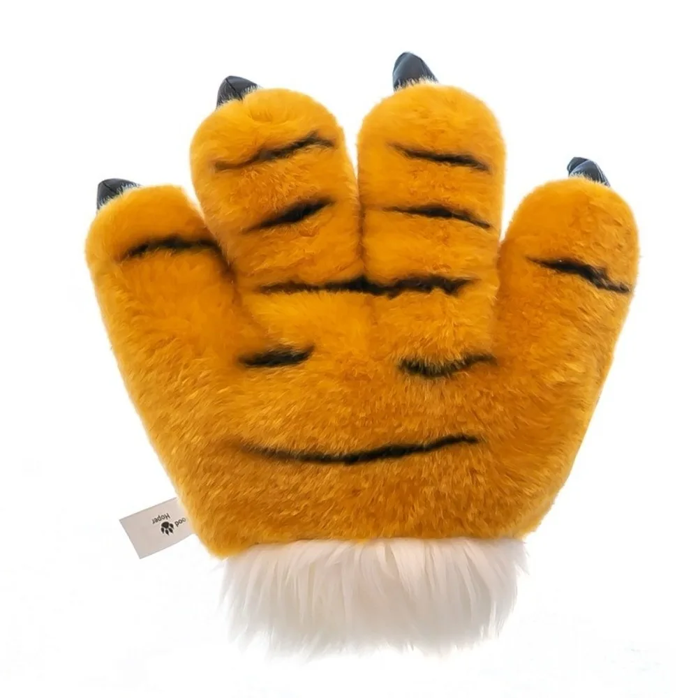 Faux Tiger Paw Plush Gloves Striped Design Padded Interior Animal Soft Fluffy Texture Hand Warmers Cosplay Costume Accessories