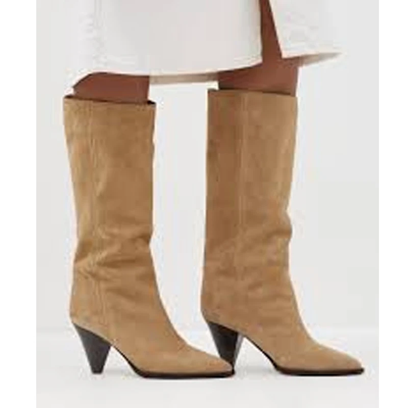 Brown Suede Pointed Toe Cone Heel Knee High Boots Woman Winter 2026 Slip On Shaped Heel Tall Boots High Heel Western Shoes