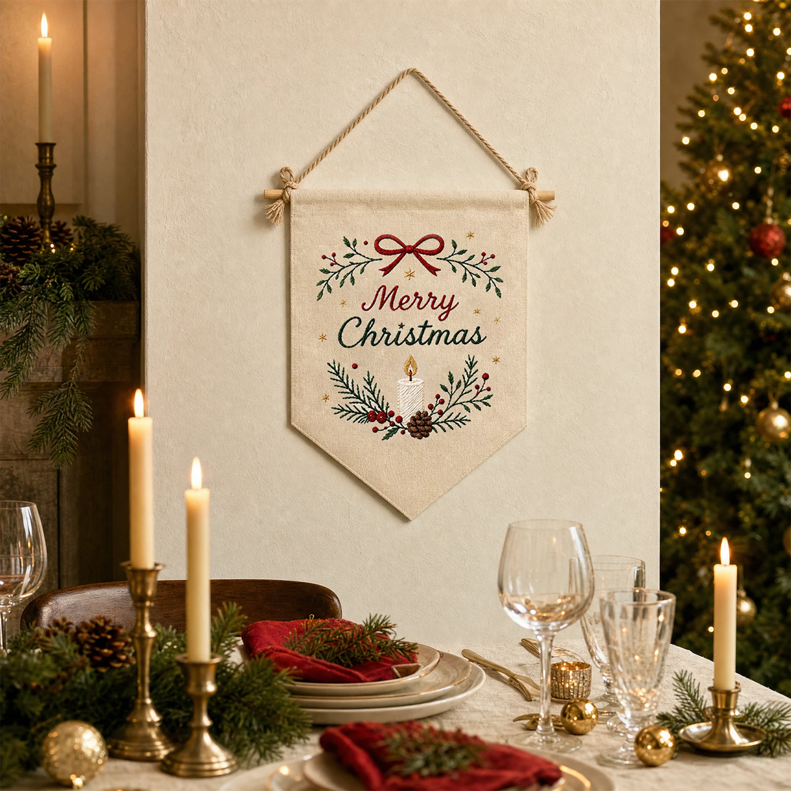 Beginner DIY Christmas Embroidery Kit Triangle Wall Flag Printed Canvas Hoop Needle Thread Organizer Wooden Dowel Rope Set