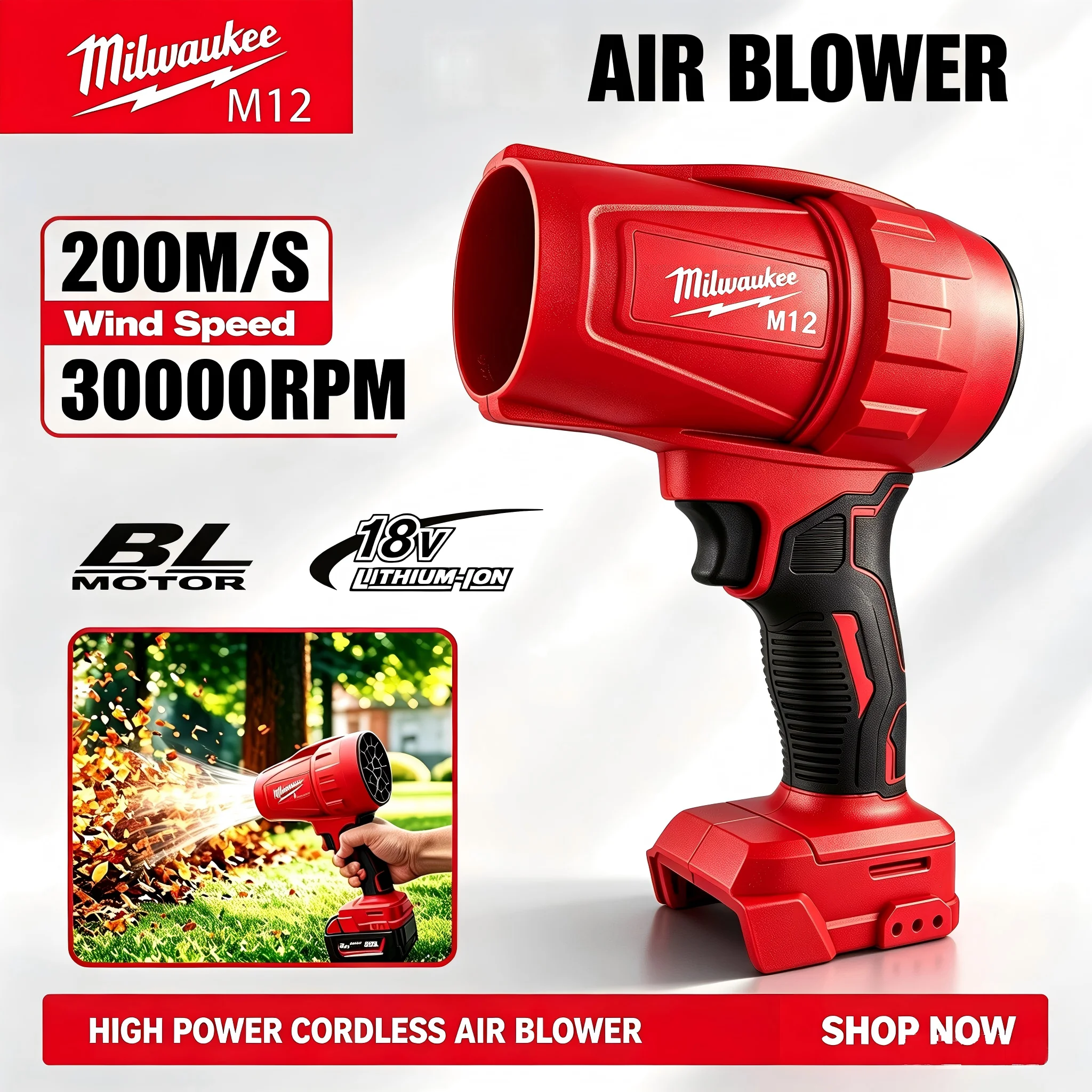 Milwaukee M12 Cordless Blower 700W 30000RPM Brushless Motor Leaf Blower for Snow Removal Dust Cleaning Variable Speed Tool Only