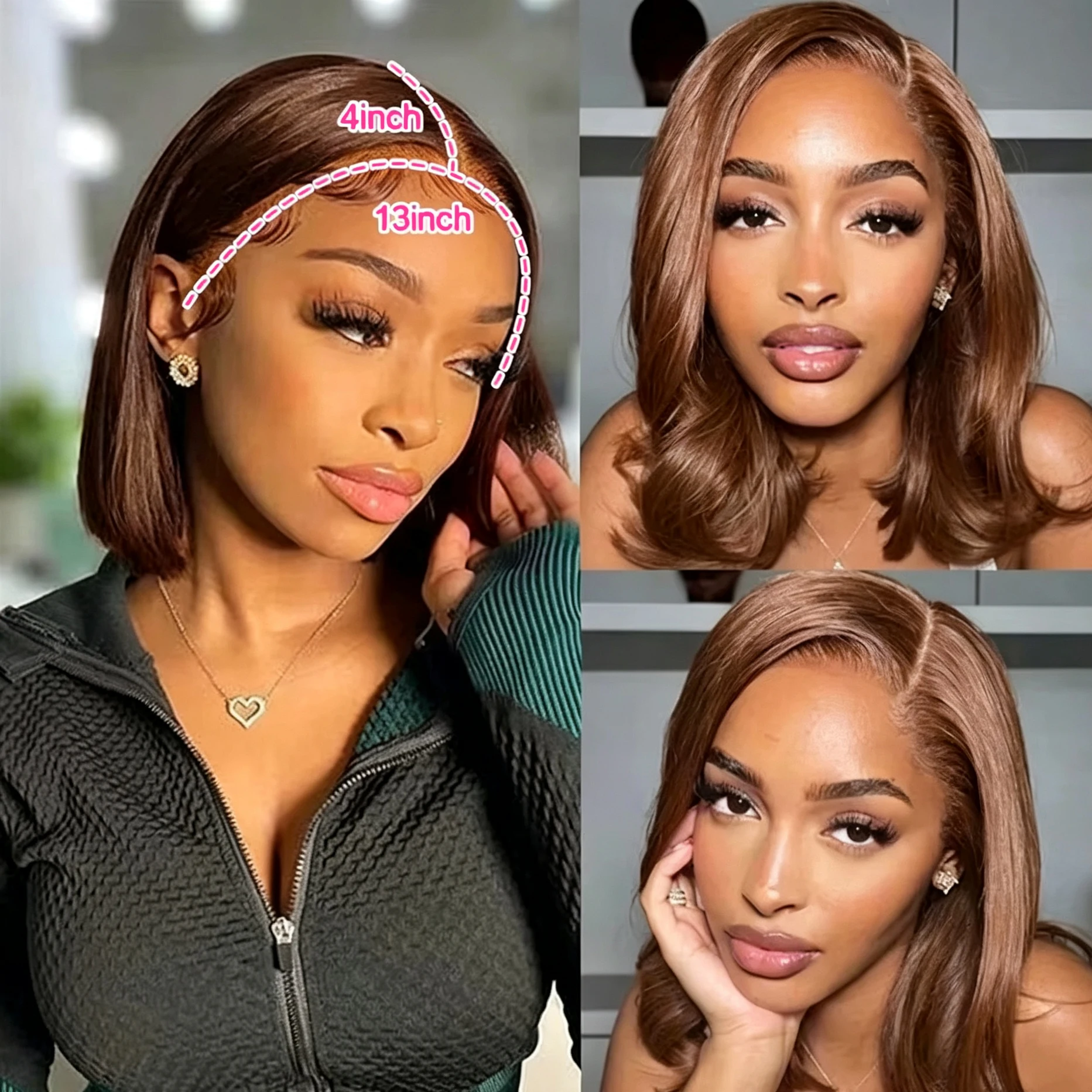 Straight Bob 13x4 Lace Frontal Wig Chocolate Brown 100% Human Hair Short Bob Wig Natural Look Colored Wig For Daily And Party Use
