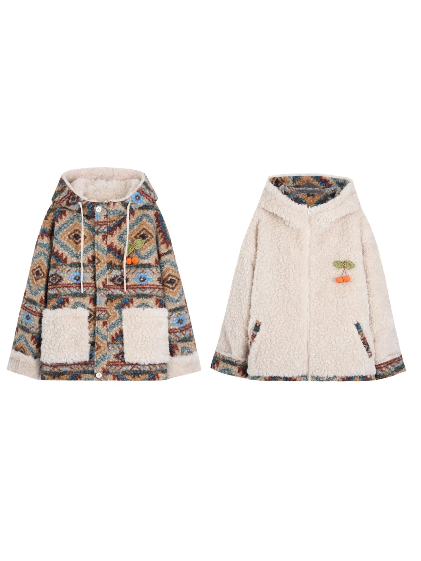 Retro Style Furry Jacket Women's Double Wear Button Decorated Hooded Top  Geometric Patterned Loose Fit Long Sleeve