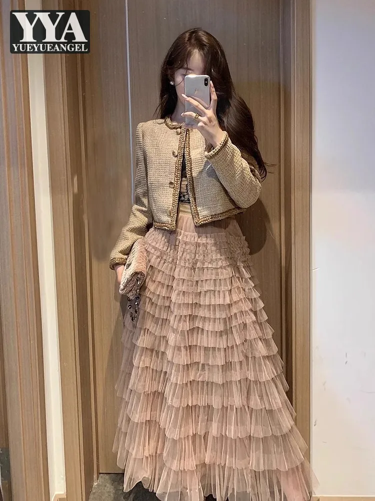 New Autumn Office Ladies Elegant Fashion Two Piece Set Tweed Short Jacket High Waist Lace Long Skirt Women Matching Set Outfit