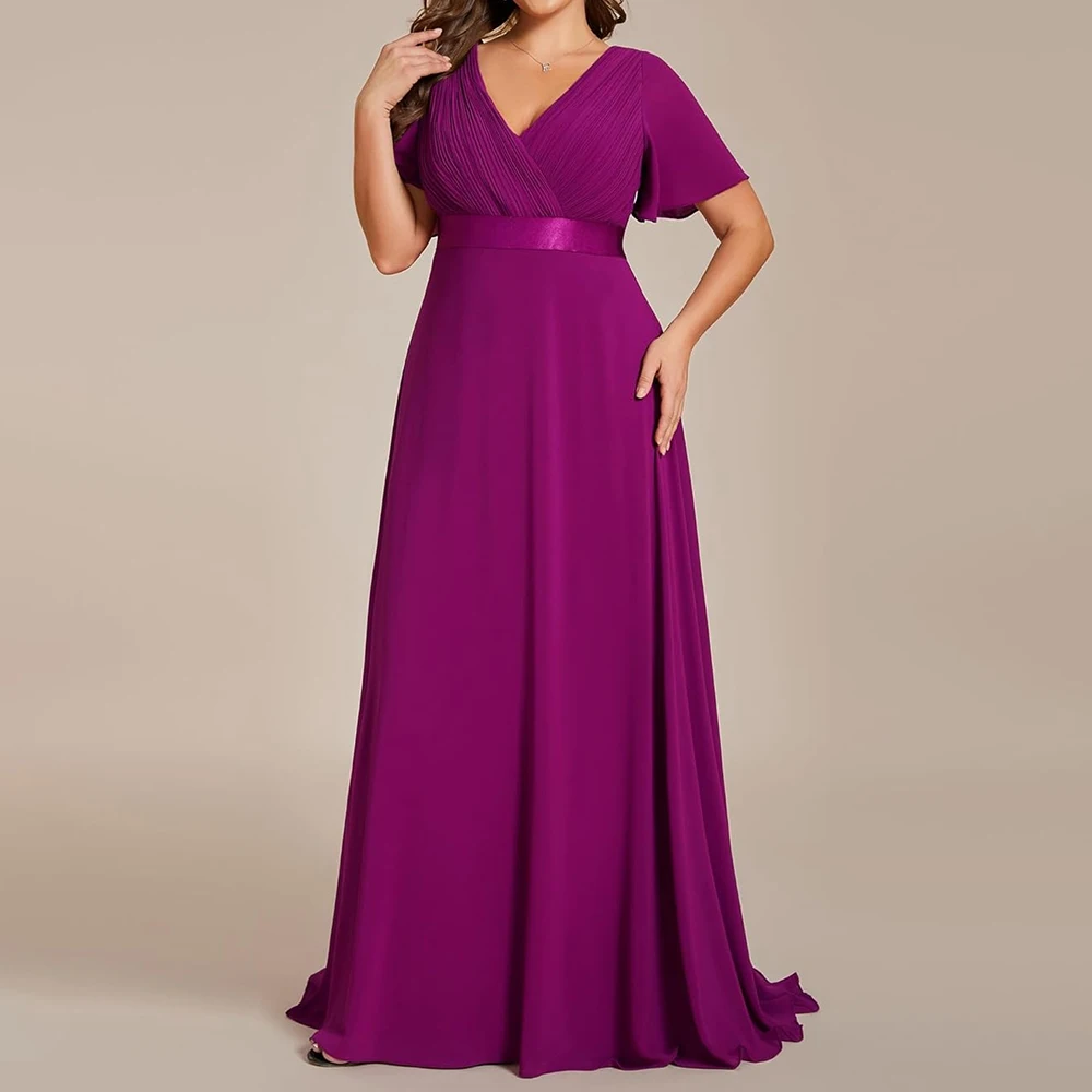 mother of the bride dresses V Neck Sashes A Line Open Back wedding party dress Short Sleeve Floor Length robes invitée mariage