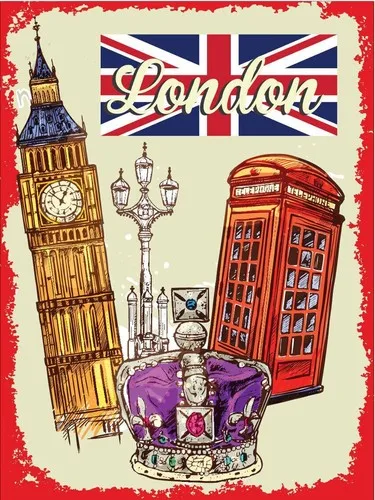 London Crown Telephone Box Big Ben Metal Wall Plaque Art Vintage tin sign retro