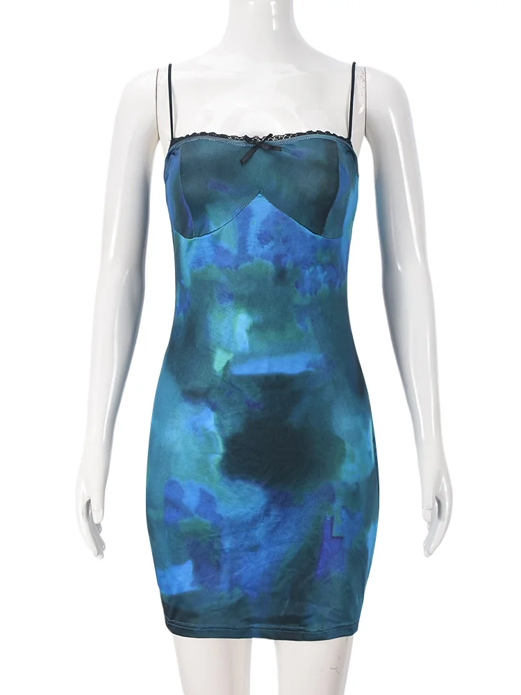 Robe à imprimé Weird Puss aught-Dye pour femme, patchwork de dentelle, col slash, fermeture éclair, dos nu, tendance coquette, boîte de nuit, fête, mini batterie con