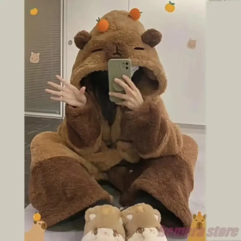 Capybara Pajamas Soft Cute Animals Shape Blanket Unisex For Adult Coral Velvet Warm Capybara Cosplay Loose Onesie Pajamas Pants